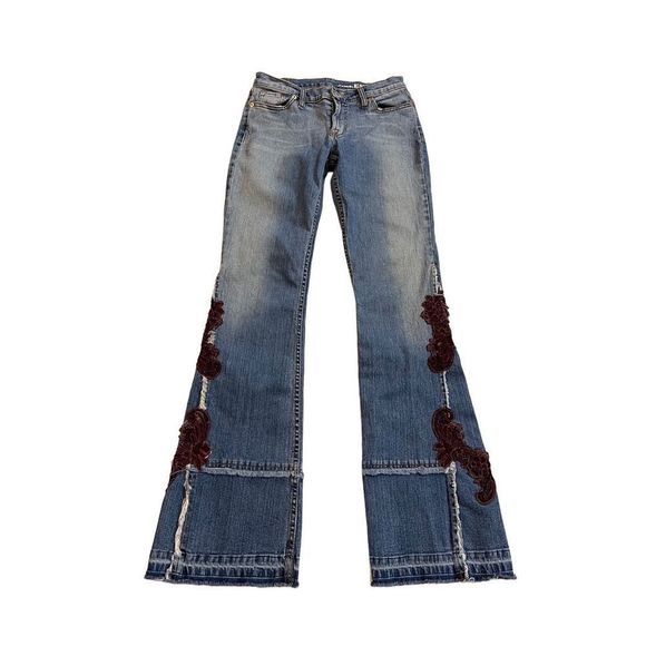 Allen B Women's Blue Low Rise Patchwork Embroidered Bootcut Denim Jeans Size 29 - Picture 1 of 16